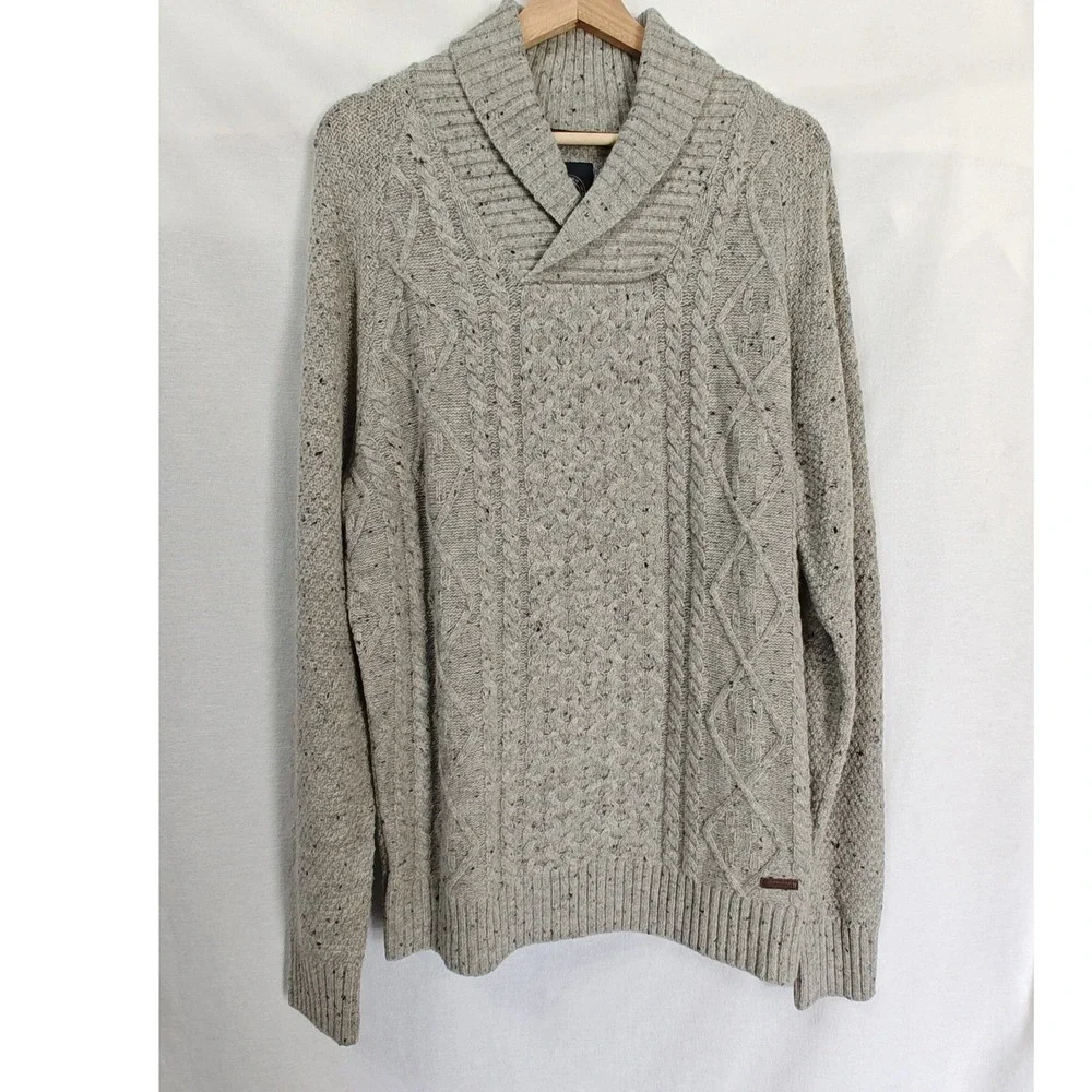 Lindbergh Sweater Shawl Collar Cable Knit Fisherman Style Pullover Gray‎ Wool XL